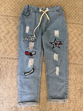 Light Blue Women Distressed Patchwork Jeans